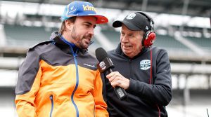 Robin Miller interviews Fernando Alonso during a 2019 test at Indianapolis Motor Speedway. (IndyCar Photo)