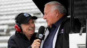 Robin Miller interviews A.J. Foyt for NBC. (IndyCar Photo)
