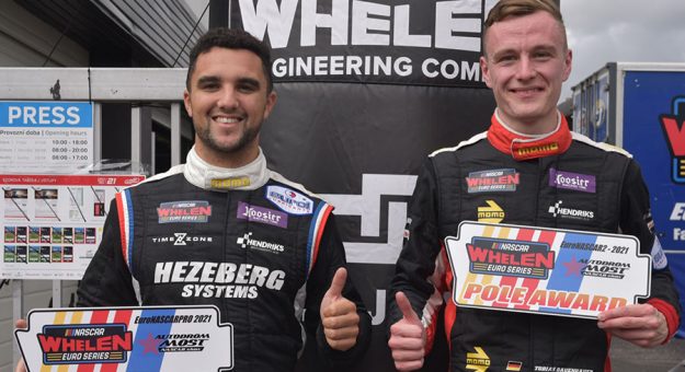Loris Hezemans (left) and Tobias Dauenhauer (right) earned NASCAR Whelen Euro Series poles Saturday at Autodrom Most. (Bart Dehaese Photo)