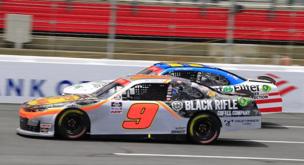#9: Noah Gragson, JR Motorsports, Chevrolet Camaro Bass Pros Shops/TrueTimber/BRCC leads #11: Justin Haley, Kaulig Racing, Chevrolet Camaro LeafFilter Gutter Protection during the NASCAR Xfinity Series Alsco Uniforms 300 at Charlotte Motor Speedway in Concord, N.C., May 29, 2021.  (HHP/Jim Fluharty)