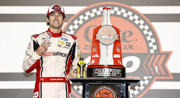 DAYTONA BEACH, FLORIDA - AUGUST 28: Ryan Blaney, driver of the #12 BodyArmor Ford, celebrates in the Ruoff Mortgage victory lane after winning  the NASCAR Cup Series Coke Zero Sugar 400 at Daytona International Speedway on August 28, 2021 in Daytona Beach, Florida. (Photo by Jared C. Tilton/Getty Images) | Getty Images