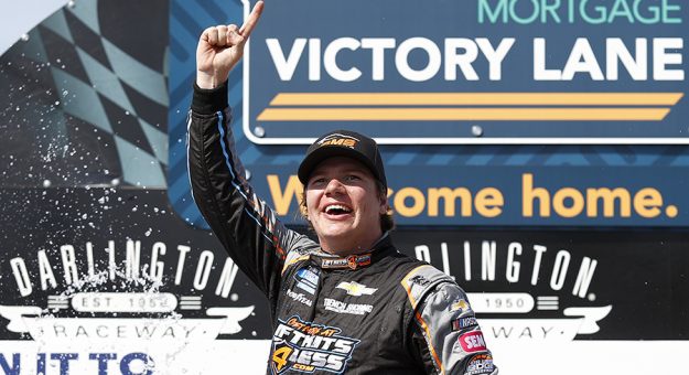 Sheldon Creed in victory lane Sunday at Darlington Raceway. (Jared East/Getty Images Photo)