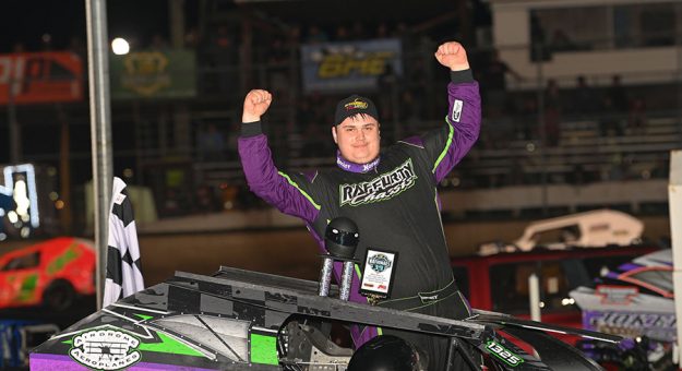 Dillon Raffurty won Saturday’s first IMCA Speedway Motors Super Nationals fueled by Casey’s qualifying feature for STARS Mod Lites during the Prelude at Boone Speedway. (Tom Macht Photo)