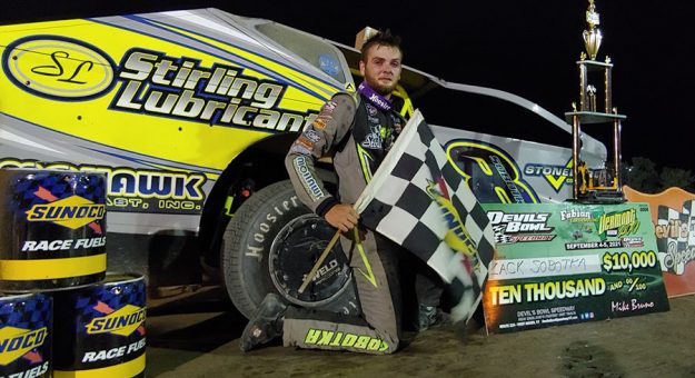 Zach Sobotka gutted out the win in the Fabian Earth Moving Vermont 200 at Devil's Bowl Speedway despite blurred vision after getting dirt in his eyes during the race. Sobotka's unofficial win total was $12,892. (DBS Media photo)