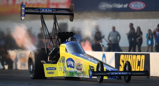 Brittany Force leads the Top Fuel qualifying leader board at Maple Grove Raceway (NHRA Photo)