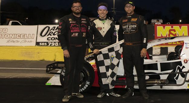 Andy Jankowiak (center) bested Jimmy Zacharias (left) and George Skora III (right) Saturday at Lancaster Speedway. (Kristen Ruble Photo)
