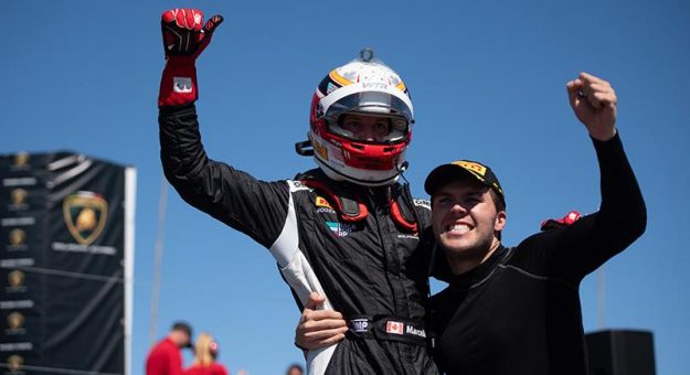 Danny Formal and Kyle Marcelli celebrate after winning Sunday's Lamborghini Super Trofeo event at WeatherTech Raceway Laguna Seca.