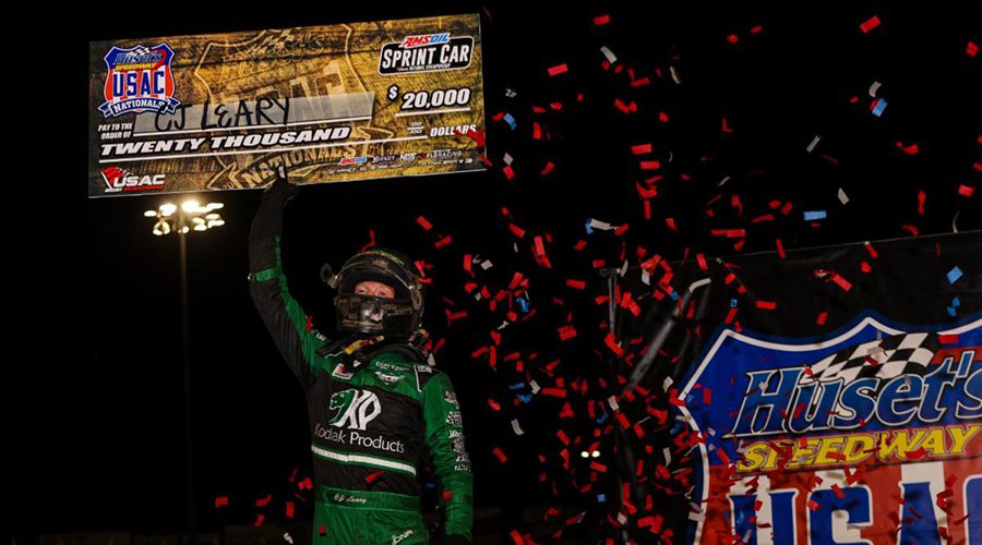C.J. Leary was triumphant in Saturday night's Huset's Speedway USAC Nationals 30-lap AMSOIL National Sprint Car feature. (DB3, Inc. Photo)