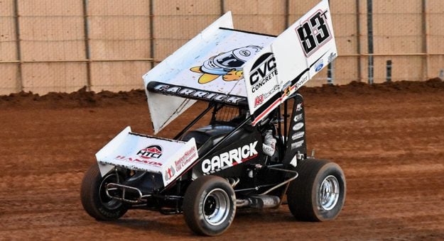 Tanner Carrick, shown here earlier this year in 360 sprint car action, has been turning heads with his performances in 410 sprint cars recently. (Paul Trevino Photo)