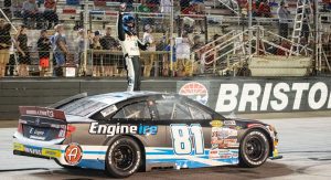 Sammy Smith, driver of the No. 81 Engine Ice Toyota, celebrates winning the 2021 ARCA Menards Series East championship after the Bush’s Beans 200 at Bristol Motor Speedway in Bristol, Tennessee, on Sept. 16, 2021. (Jacob Kupferman/ARCA Racing Photo)