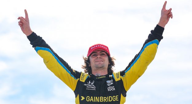 Colton Herta celebrates his victory Sunday at WeatherTech Raceway Laguna Seca. (IndyCar Photo)