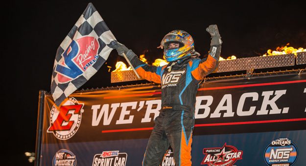 Chris Windom celebrates after winning the USAC NOS Energy Drink National Midget Series feature Saturday at Eldora Speedway. (Dallas Breeze Photo)