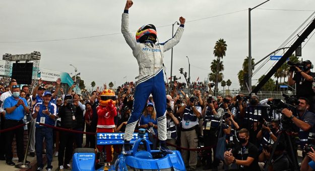 Alex Palou celebrates after capturing the NTT IndyCar Series championship Sunday in Long Beach, Calif. (Steve Himelstein Photo)
