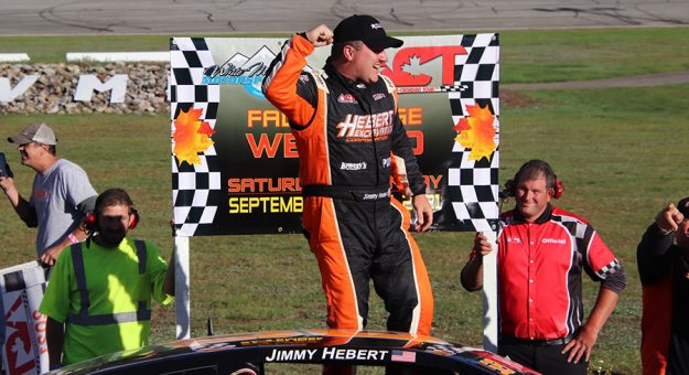 Jimmy Hebert celebrates his victory in the Fall Foliage 200 at White Mountain Motorsports Park. (Daniel Holben photo)