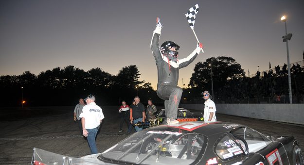 Wyatt Alexander salutes the fans after winning Sunday's 100-lap finale at Beech Ridge Motor Speedway. (Jamie Williams Photo)