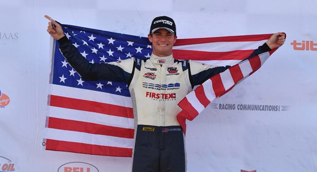Kyle Kirkwood in victory lane at the Mid-Ohio Sports Car Course.