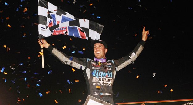 Carson Macedo celebrates his victory in the 59th running of the National Open at Williams Grove Speedway. (Julia Johnson Photo)