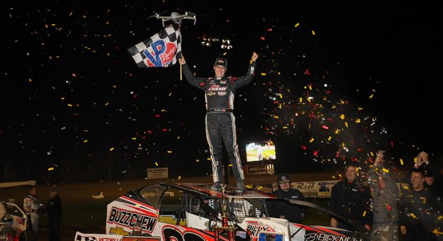 Mat Williamson celebrates his victory Tuesday night at Brewerton Speedway.