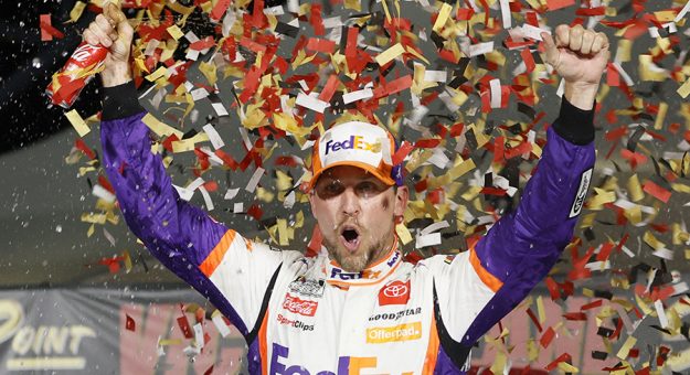 Denny Hamlin will start from the pole Sunday at the Charlotte Motor Speedway ROVAL. (Steph Chambers/Getty Images Photo)