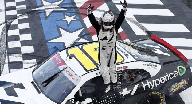 A.J. Allmendinger celebrates his victory Saturday at the Charlotte Motor Speedway ROVAL. (Brian Lawdermilk/Getty Images Photo)