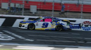 The bumper cover on Chase Elliott's car flaps in the wind during the Bank of America ROVAL 400. It would later fall off, drawing a caution flag. (Dave Moulthrop Photo)