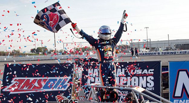 Kody Swanson celebrates his victory Sunday at Toledo Speedway. (Jim Denhamer Photo)