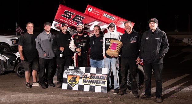 Dominic Scelzi in victory lane after his recent victory in the Cotton Classic. (Devin Mayo Photo)