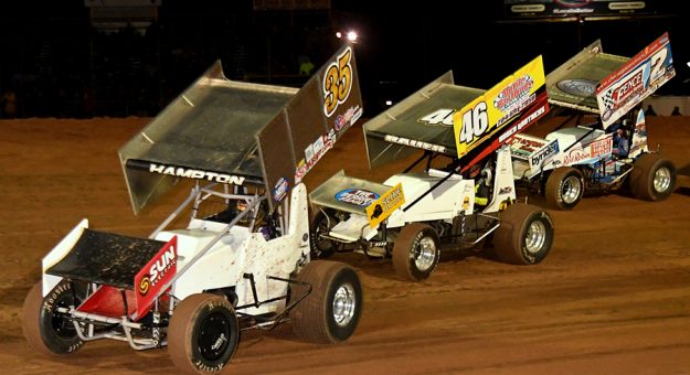 Zach Hampton (35) leads Michael Bauer (46) and A.J. Flick (2) in Saturday's sprint car feature at Lernerville Speedway. (Hein Brothers Photo)