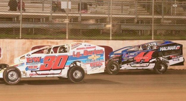 Joseph Watson (30) holds off a challenge from Stewart Friesen (44) during Saturday’s Short Track Super Series Speed Showcase 200 at Port Royal (Pa.) Speedway.