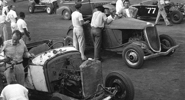 Hot rods in the pits at Solider Field in 1947. (Stan Kalwasinski Photo Collection)