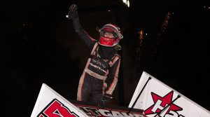 Ryan Timms celebrates his win in the Trophy Cup finale Saturday night. (Devin Mayo Photo)