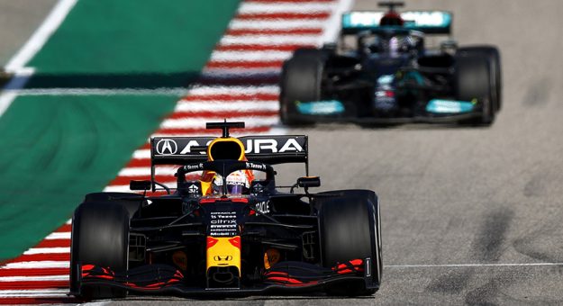 Max Verstappen leads Lewis Hamilton Sunday during the United States Grand Prix. (Jared C. Tilton/Getty Images Photo)