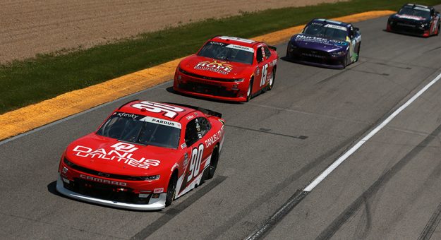 LEXINGTON, OHIO - JUNE 05: Preston Pardus, driver of the #90 Danus Utilities Ford, Colby Howard, driver of the #15 Project Hope Foundation Chevrolet, and Cody Ware, driver of the #17 Nurtec ODT Ford, race during the NASCAR Xfinity Series B&L Transport 170 at Mid-Ohio Sports Car Course on June 05, 2021 in Lexington, Ohio. (Photo by Sean Gardner/Getty Images) | Getty Images