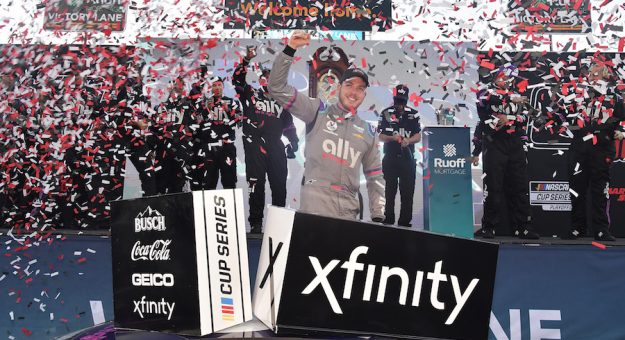 MARTINSVILLE, VIRGINIA - OCTOBER 31: Alex Bowman, driver of the #48 Ally Chevrolet, celebrates in the Ruoff Mortgage victory lane after winning the NASCAR Cup Series Xfinity 500 at Martinsville Speedway on October 31, 2021 in Martinsville, Virginia. (Photo by Logan Riely/Getty Images) | Getty Images