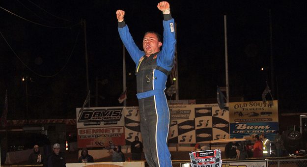 Daulton Wilson celebrates after his victory in the super late model feature during the Prelude to the Finals at Cherokee Speedway. (Jim Denhamer Photo)