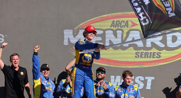 Jesse Love celebrates after winning the ARCA Menards Series West championship Saturday at Phoenix Raceway. (Ivan Veldhuizen Photo)