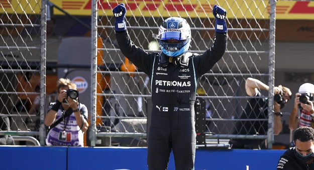Valtteri Bottas celebrates after winning the pole Saturday in Mexico. (Mercedes Photo)