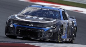 Daniel Suarez aboard the Trackhouse Racing Next Gen entry recently during a test at the Charlotte Motor Speedway ROVAL.  (HHP/Andrew Coppley Photo)