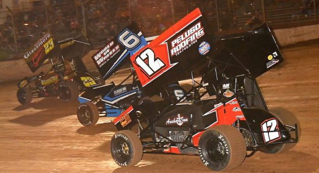 Jack Sodeman Jr. (23JR) leads Bob Felmlee (6) and Darin Gallagher during during opening night of Western Pennsylvania Sprint Speedweek earlier this year at Lernerville Speedway. (Hein Brothers Photo)