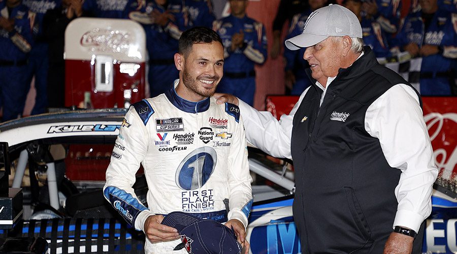 Rick Hendrick (right) congratulates Kyle Larson after Larson won the Coca-Cola 600 in May. (Maddie Meyer/Getty Images Photo)