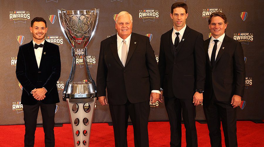From left: NASCAR Cup Series championship driver, Kyle Larson NASCAR Hall of Famer and team owner Rick Hendrick, crew chief Cliff Daniels and Jeff Gordon. (Photo by Chris Graythen/Getty Images Photo)