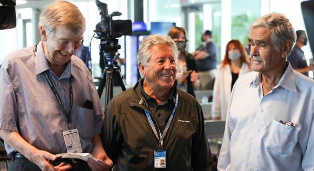 (From left) Former Indianapolis Motor Speedway Historian Donald Davidson, Mario Andretti and Al Unser earlier this year at Indianapolis Motor Speedway. (IndyCar Photo)