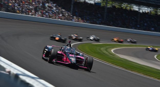 Helio Castroneves leads during the Indianapolis 500 last May at Indianapolis Motor Speedway. (IndyCar Photo)