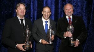 15 January, 2014, Detroit, Michigan, USA
2013 Indy 500 Winner Tony Kanaan poses with his team owners Jimmy Vasser and Kevin Kalkhoven and their Baby Borg-Warner trophies
© 2014, Michael L. Levitt
LAT Photo USA