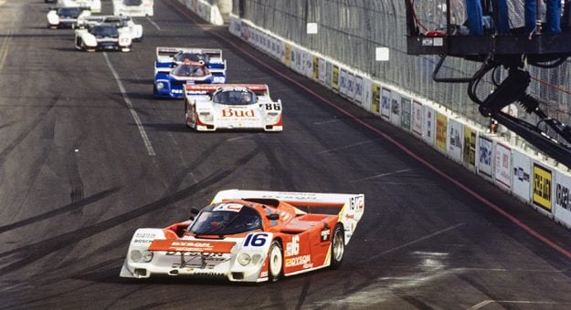 DEL MAR FAIRGROUNDS, UNITED STATES OF AMERICA - OCTOBER 25: Price Cobb / Rob Dyson, Porsche 962, leads the pack during the Del Mar 2 Hours at Del Mar Fairgrounds on October 25, 1987 in Del Mar Fairgrounds, United States of America. (Photo by William Murenbeeld / LAT Images)