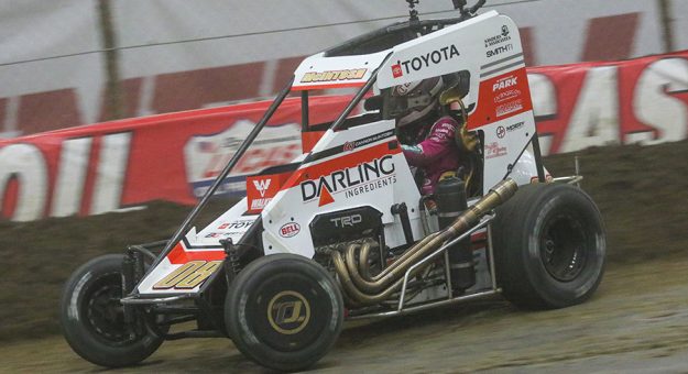 Cannon McIntosh raced from the C main to finish sixth in Monday's Chili Bowl preliminary feature. (Brendon Bauman Photo)