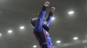 Justin Grant celebrates his victory on Driven2SaveLives Qualifying Night. (Brendon Bauman Photo)