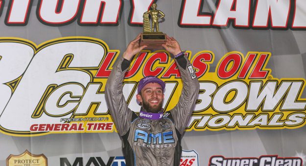 Tanner Thorson celebrates his victory in the 36th Chili Bowl. (Brendon Bauman Photo)