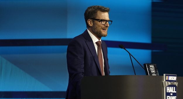 CHARLOTTE, NORTH CAROLINA - JANUARY 21: NASCAR Hall of Fame inductee Dale Earnhardt Jr. speaksduring the 2021 NASCAR Hall of Fame Induction Ceremony at NASCAR Hall of Fame on January 21, 2022 in Charlotte, North Carolina. (Photo by Chris Graythen/Getty Images) | Getty Images
