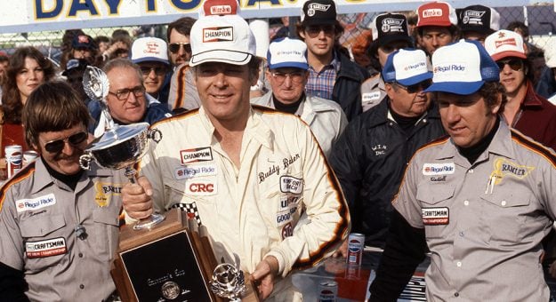Buddy Baker, shown here after winning the 1980 Daytona 500, won the inaugural Busch Clash in 1979. (NASCAR Photo)